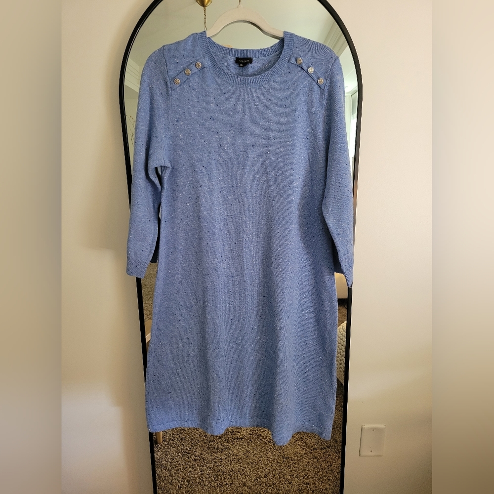 Talbots Kitty Tweed shift Sweater Dress light blue Heather Size L